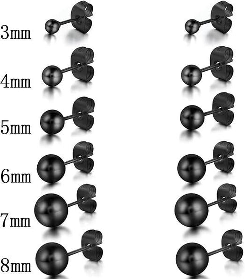 6Pairs 316L Surgical Steel Black Ball Round 3/4/5/6/7/8mm Men Women Stud Earring